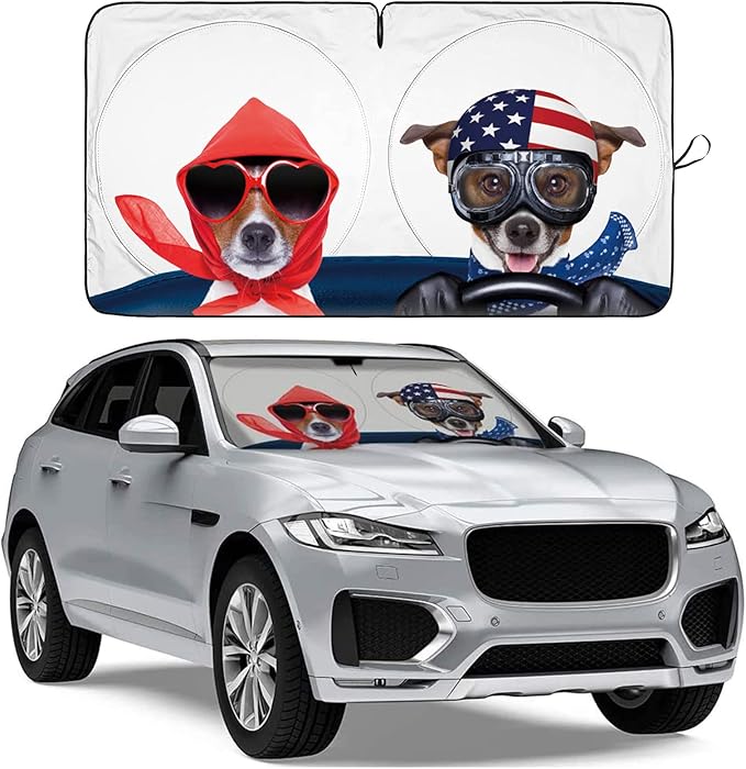 IC ICLOVER Car Windshield Sun Shade with Pet Design, Cute Cartoon Dogs Pattern Automotive Foldable Front Window Sun Visor Protector, Blocks Sun UV Rays Keeps Vehicle Cool (59×33 Inch) Standard Size