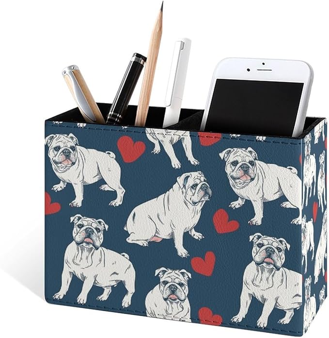 Famame English Bulldog with Hearts Pencil Holder for Desk, Leather Desktop Container Pen Cup Storage Study Table Pen Organizer Makeup Brush Holder for Classroom Office Home