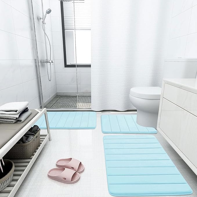 Buganda Memory Foam Bath Mat, 47" x 17", Ultra Soft and Non-Slip Bathroom Rugs, Water Absorbent and Machine Washable Bath Rug Runner for Bathroom, Shower, and Tub, Light Blue