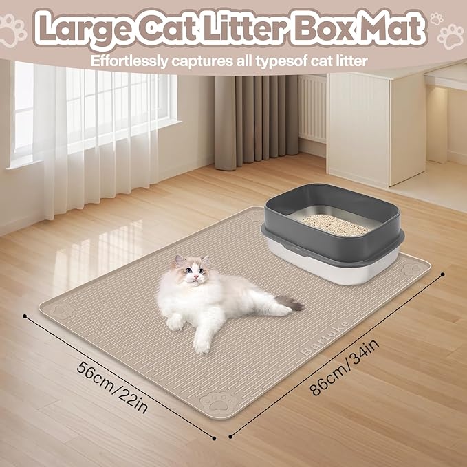 Bartuke Cat Litter Mat, Extra Large 34" x 22" Silicone Mat Litter Trapping Mat for Scatter Control, Soft on Kitty Paws, Easy to Clean (Beige)