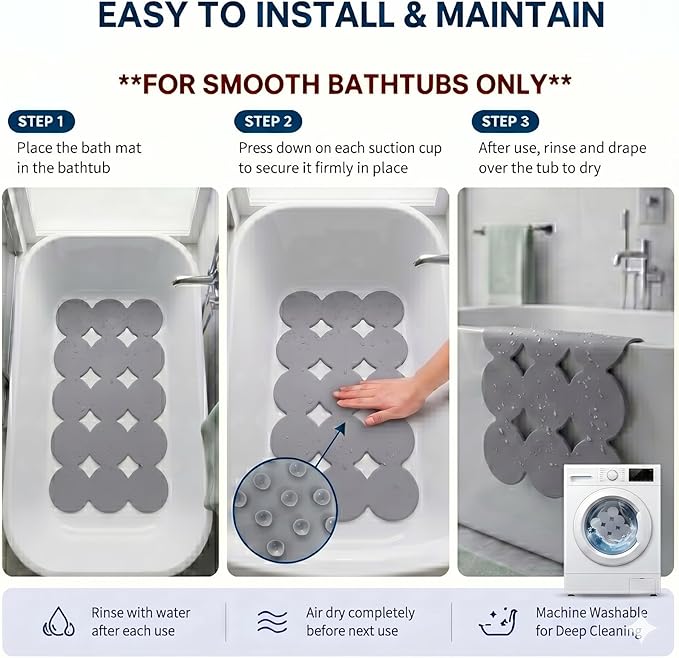 Webos Patented Non Slip Bathtub Mat Shower Mat Bath Mat Tub Mats with Strong Suction Cups Soft Natural Rubber Bath Mat for Inside The tub (Circle-Grey, 28x16 inch)