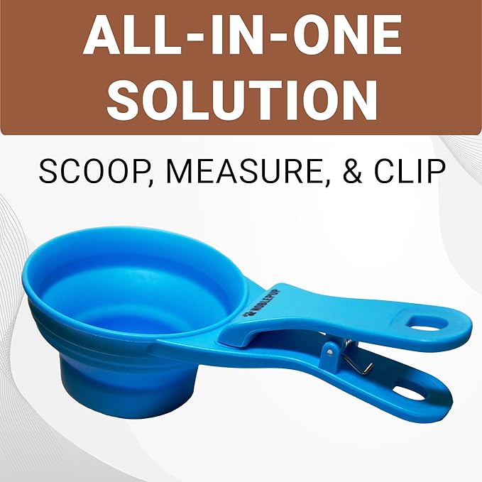 MeasureMate Pet Food Scoops with Bag Clip for Dog and Cat - 3-in-1 Multi-Function Collapsible Food Measuring Cup - 1 Cup Capacity, 8oz, Blue - Dishwasher Safe
