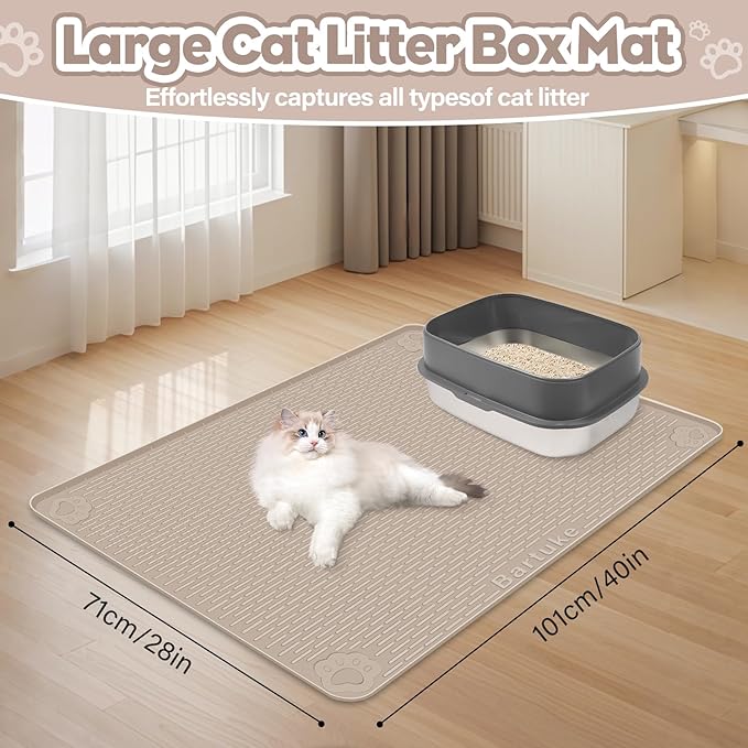 Bartuke Cat Litter Mat, Extra Large 40" x 28" Silicone Mat Litter Trapping Mat for Scatter Control, Soft on Kitty Paws, Easy to Clean (Khaki)
