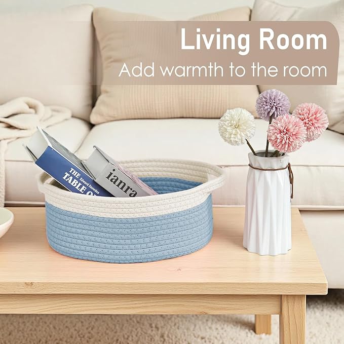 JMvicyroam Woven Basket,Small Rope Storage Bin with Handles & Ribbon Bag, Organizer for Shelves Closets,Gift Basket Empty for Birthday,Books,Dog Toys, White&Blue