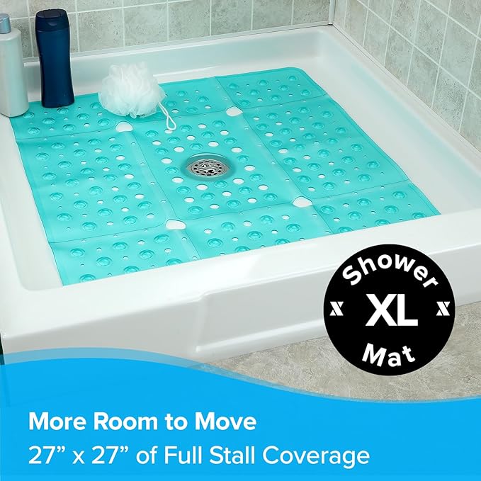 SlipX Solutions 27" Oversize Square Shower Mat, Non-Slip Mat for Elderly & Kids, 100+ Power Grip Suction Cups for Smooth Surfaces, Machine Washable, Transparent Aqua
