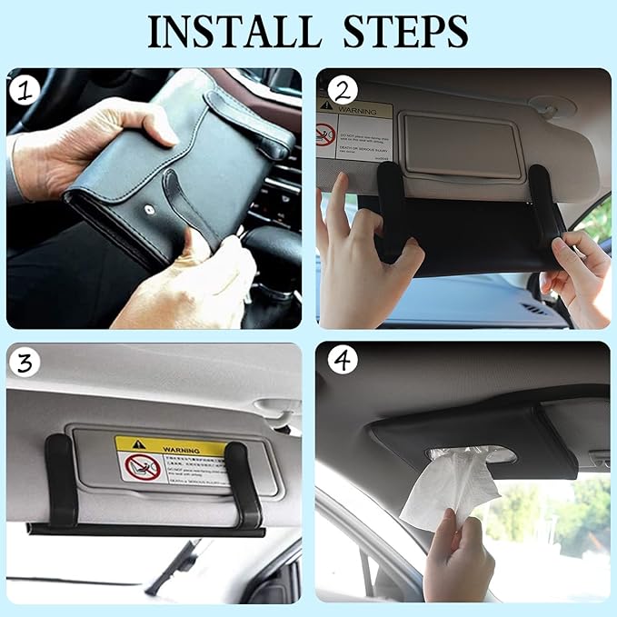 Car Tissue Holder, 2 Pack Sun Visor Napkin Holder, Premium PU Leather, Car Mask Holder for Sun Visor Vehicle, with Tissue Refill, Black&Beige