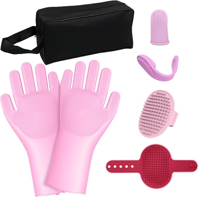 MIYIJHY 7-Piece Pet Grooming Kit with Storage Bag | Portable Bathing Set for Dogs & Cats | Includes Silicone Gloves, Deshedding Brushes & Finger Toothbrushes | All-in-One Pet Care (Pink)