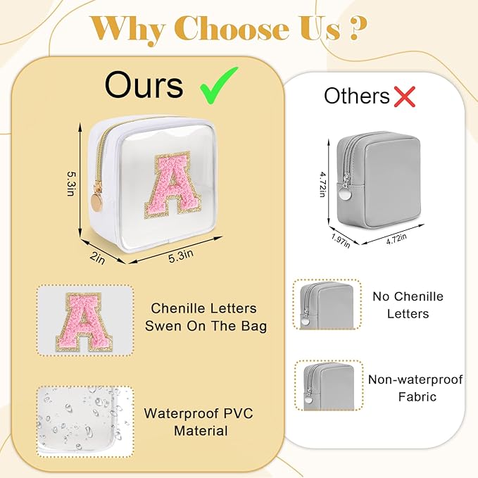 Personalized Initial Letter Clear Preppy Makeup Bag,Mini Nylon Chenille Letter Cosmetic Bag Cute Zipper Pouch Purse for Teen Girls,Portable TSA Approved Beach Travel Essentials Bag Gift for Women,Y