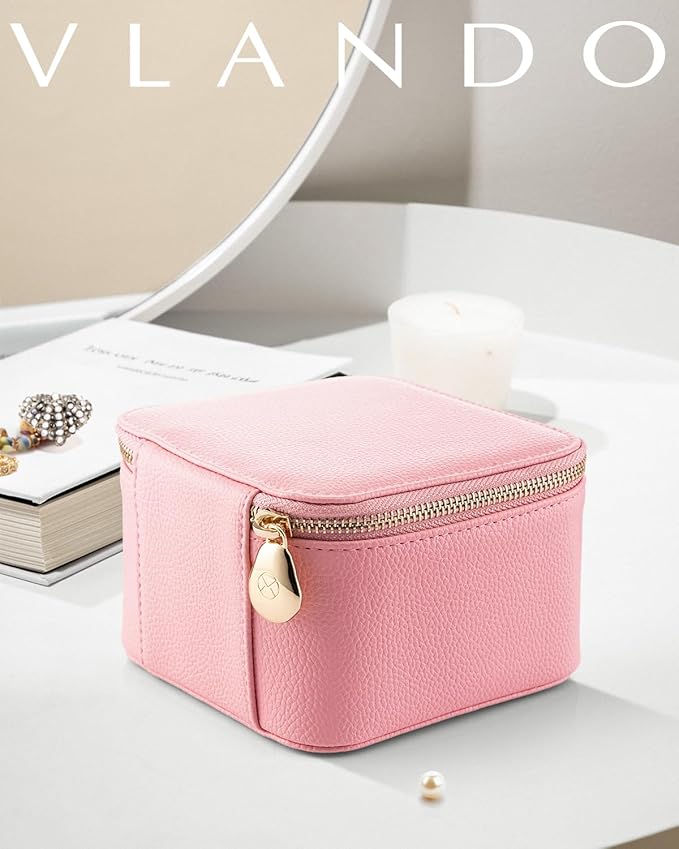 Vlando Jewelry Travel Case,Travel Jewelry Organizer with Clear Velvet Jewelry Bags 6Pcs Zipper Pouch for Women Girl Traveler Gift-Strawberry Pink