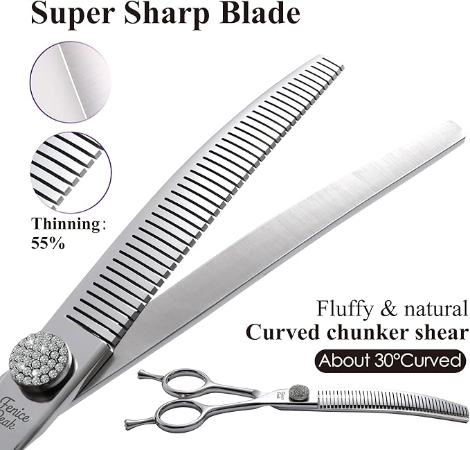 Fenice Peak 6.5‘’ Curved Thinning Dog Grooming Scissors with Jewelled Screw 440C Stainless Steel Pet Grooming Bulking Shears with Symmetrical Handle and Decorative Tail Nails Fluffy Scissors