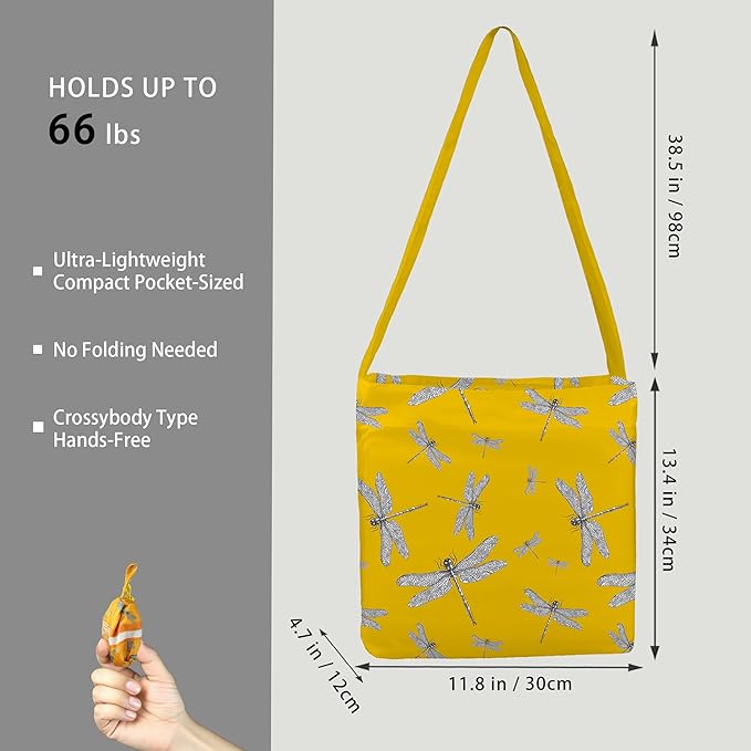 BeeGreen Dragonfly Reusable Grocery Shopping Bag - Foldable Compact Portable Lightweight Duffle Bags Ultimate Crossbody Tote Bag