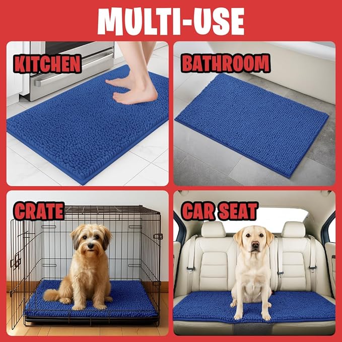 MudGuard Mat™ Dog Door Mat for Muddy Paws, Super Absorbent Microfiber, Non-Slip Indoor Mat, Quick Dry Chenille Mud Mat for Dogs & Entryway, Washable, Navy Blue 36" x 60"