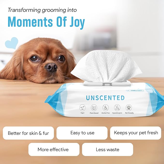 Dog Wipes for Paws and Butt Ears Eyes | Unscented Natural Pet Wipes for Dogs | Hypoallergenic Dog Wipes Cleaning Deodorizing | Extra Thick Plant Based Wipes Dogs Cats Pets | 100 Count