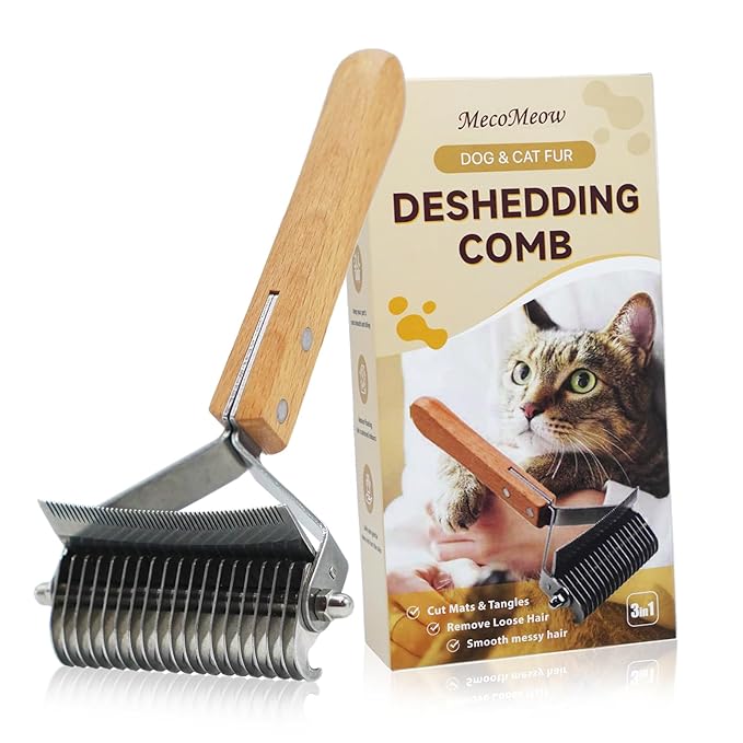 MecoMeow 3 in 1 Undercoat Rake for Cats- Professional Pet Dematting & Deshedding, Efficiently Remove Loose Hair & Matted Fur, Professional Shedding Comb for Indoor & Long Haired Cats Dogs