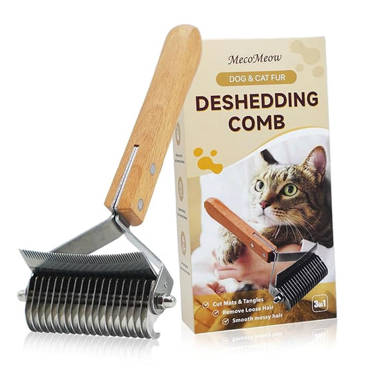 MecoMeow 3 in 1 Undercoat Rake for Cats- Professional Pet Dematting & Deshedding, Efficiently Remove Loose Hair & Matted Fur, Professional Shedding Comb for Indoor & Long Haired Cats Dogs