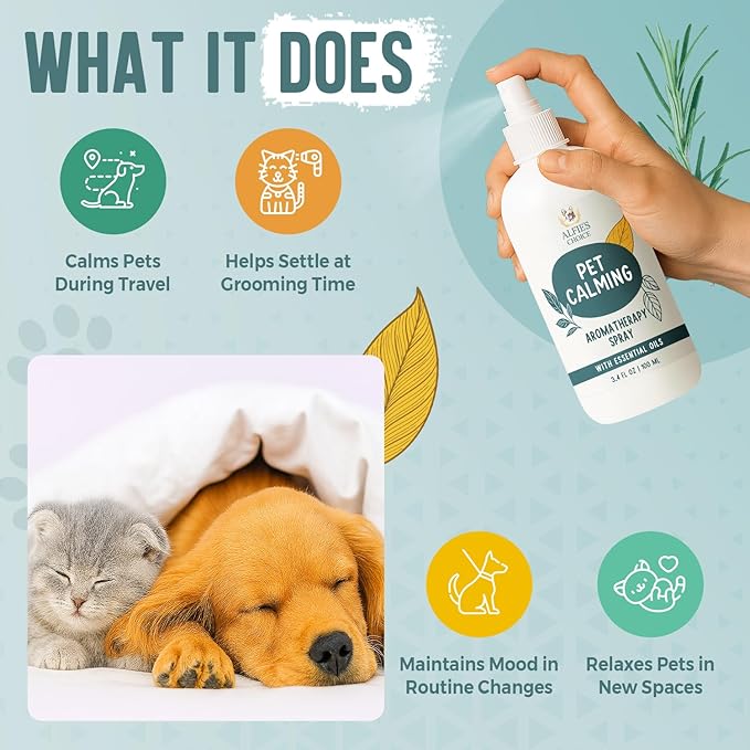 ALFIE'S CHOICE Pet Calming Aromatherapy Spray - Cat Calming Spray for Indoor Use & Travel - Dog Relaxation Mist with Essential Oils - Natural Scent for Grooming, Loud Noises - 3.4 fl oz