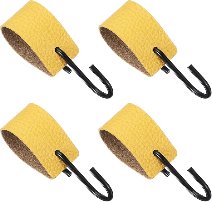 uxcell 4 Pcs PU Leather S Hooks, Multifunctional S Shaped Hooks for Hanging Coat Towel Camping Kitchen Bathroom Handle, Yellow