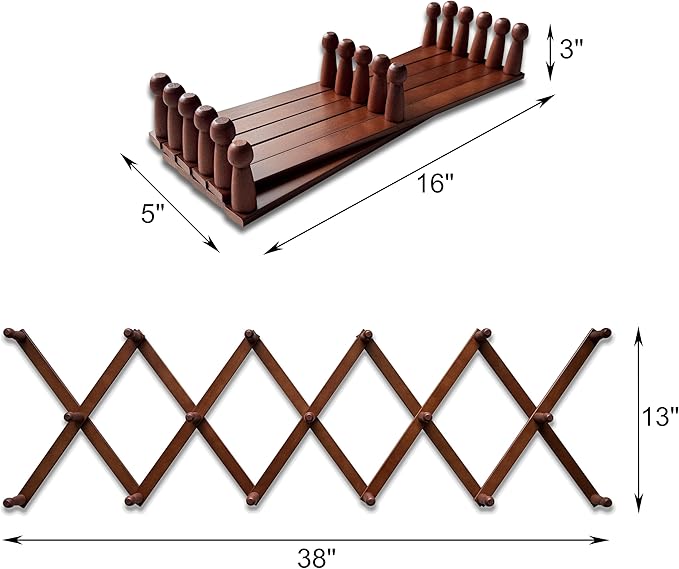 Mercurial Trade Expandable Wooden Coat Rack Hanger – Accordion Wall Mounted Pine Wood Hooks – Hand Made Vintage Expending Pegs – Hang Coat, Jacket, Hat, Leash, Towel, Mug, Bag – 17 Hook, Dark Walnut