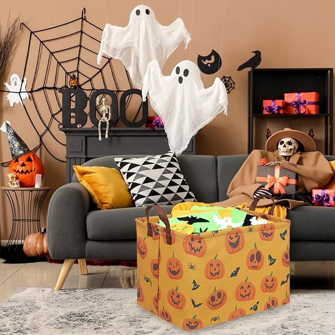 FXOCSHE Rectangular Halloween Basket,Trick or Treat Basket for Boys and Girls,Waterproof collapsible storage box,Halloween Decor,Gift box(Halloween pumpkin)