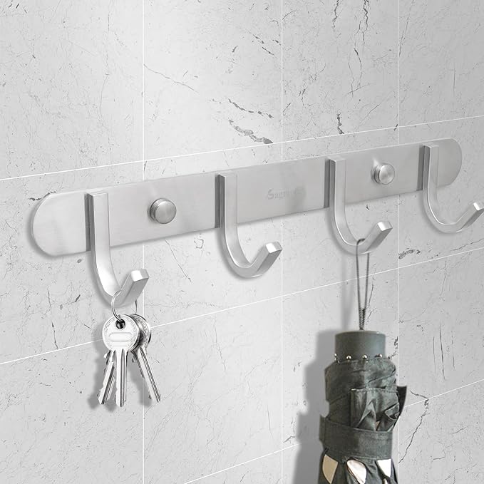 Coat Hook Rack Brushed Nickel - Sagmoc 10.6-Inch Coat&Towel Hook Rail Wall Mounted with 4 Hooks, Durable Wall Hangers for Bedroom, Bathroom, Foyer, Hallway (SUS304 Stainless Steel)