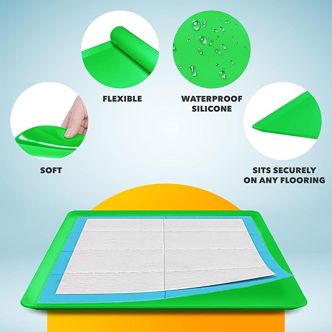 TidyFriend 2 Pack Dog Pee Pad Holder Tray - Fits Up to 24” x 24” Pee Pad Holder for Dogs - Stable Grip, Raised Edges, Quick-Wipe Silicone Surface Dog Pad Holder for Indoor Flooring Protection (Green)