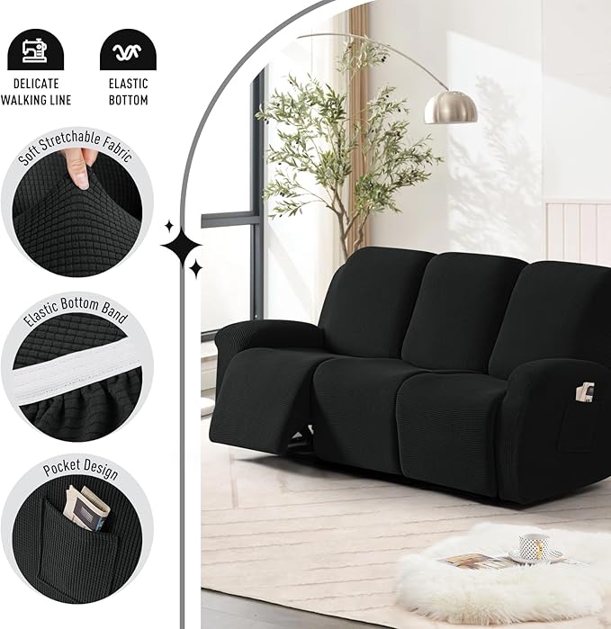 TAOCOCO Recliner Sofa Covers 8-Pieces Stretch Large Couch Covers for 3 Seats Reclining Slipcovers Soft Jacquard Pattern Furniture Protector (Black)
