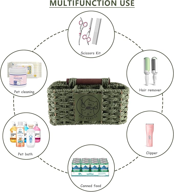 Dog Grooming Organizer,5 Compartments Caddy for Dog Cat Supplies,Handwoven Paper Rope Organizer with Handle,Ideal for Pet Shampoo,Trimmer,Clipper,Combo,Brush-Green