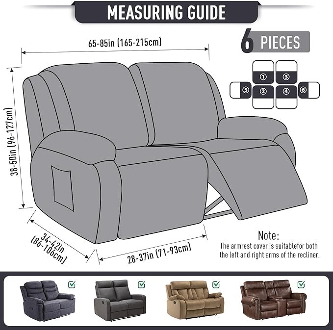 TAOCOCO Recliner Loveseat Slipcover, 6 Pieces Dual Recliner Sofa Covers for 2 Seat Dual Reclining Loveseat Couch, Stretch Soft Jacquard Pattern Furniture Protector with Elasticity (2XL, Charcoal Grey)