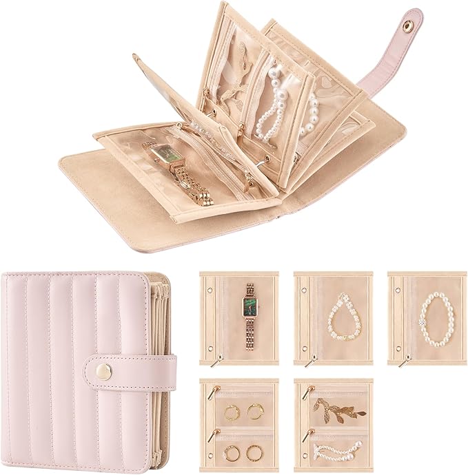 Lolalet Travel Jewelry Organizer Case, Portable Jewlery Storage Book Portfolio Binder with Zipper Velvet Pouch for Women -Pink, Small