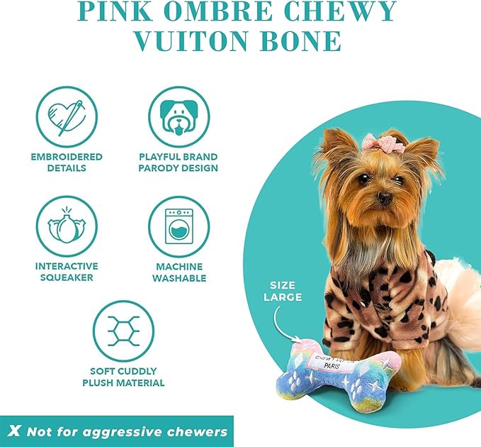 Haute Diggity Dog Pink Ombre Chewy Vuiton Bone, Plush Designer Dog Toys with Interactive Squeaker, Stimulating Pet Enrichment, Machine-Washable & Safe Materials for All Breeds, Size Large
