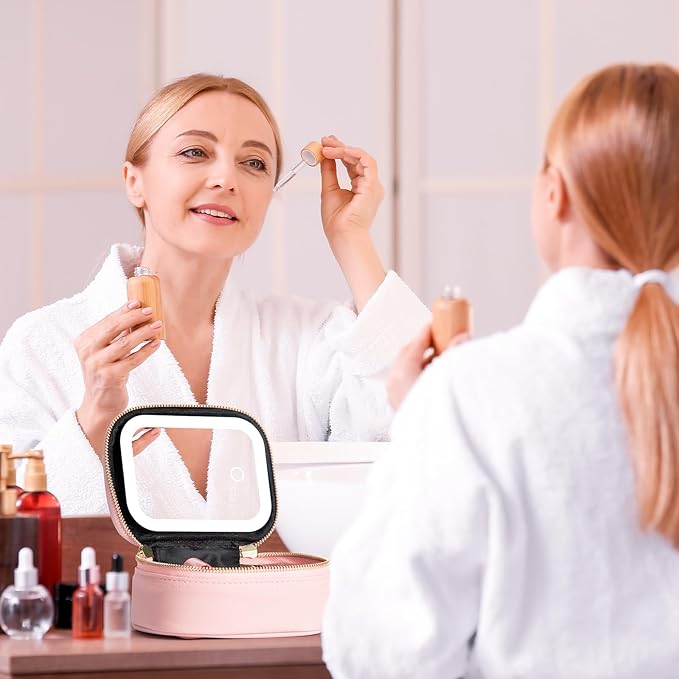 Mini Makeup Bag with Led Mirror, Small Travel Make up Bag 3 Light Modes Adjustable Brightness, for Women Organizer Cosmetic Bag, Portable Travel Train Toiletry Bag, for Pool Parties Work Touch-Ups