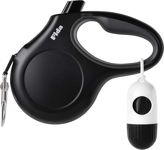 Fida Retractable Dog Leash with Dispenser and Poop Bags, 16 ft Pet Walking Leash for Large Dog up to 110 lbs, Anti-Slip Handle, Tangle-Free, Reflective Nylon Tape (L, Black)