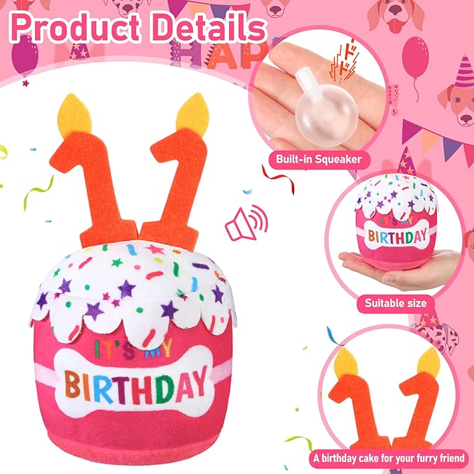Dog 11th Birthday Cake Toy Accessories for Girl Boy Gifts, Pink Squeaky Plush Toy for Dog Birthday Party Decor Favor for Large, Medium and Small Dogs