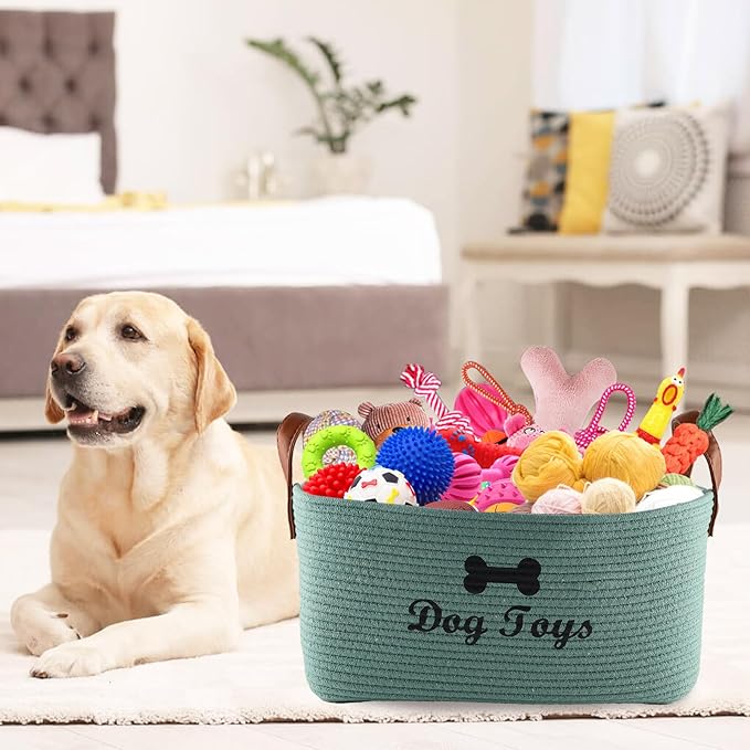 Geyecete X-Large Cotton Rope Dog Basket with Leather handle Blanket Storage Basket Decorative Clothes Hamper Basket | Extra Large Baskets for Blankets or Laundry-Geen