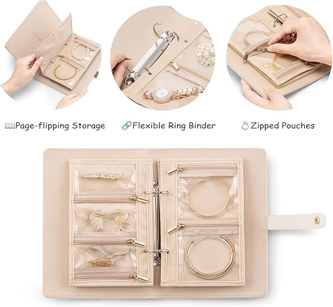 Vlando Jewelry Book Organizer - Leather Travel Jewelry Case with 5 Detachable Pages for Necklaces, Rings, Earrings, Tangle-Free, Giftable, Offwhite