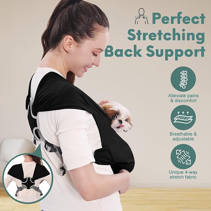 Supet Dog Sling Carrier for Small Pets, Hands Free Cat Sling, Reducing Back Neck Pain Anti-Anxiety Puppy Front, Adjustable Soft Dog Carrying (Black, Regular 7-15 Lbs)