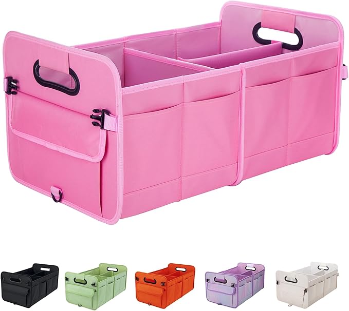 Trunk Organizer For Suv & Sedan,Car Organizers and Storage, Waterproof Collapsible & Adjustable Straps,70L Sturdy Car Organization for Car Accessories, Tools,Sundries,2-3 Compartment（Pink