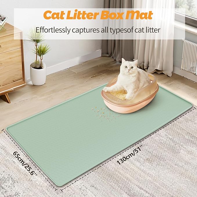 Bartuke Cat Litter Mat, Extra Large 51" x 25.6" Silicone Mat Litter Trapping Mat for Scatter Control, Soft on Kitty Paws, Easy to Clean (Green)