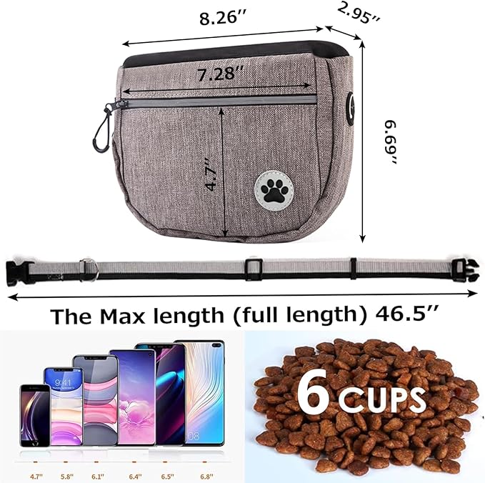 Large 6 Cup Dog Treat Pouch with Clicker,Treat Pouches for Pet Training,Crossover Self-Closing Bag,Built-in Poop Bag Dispenser, 46“ Free hands Waist Belt for Walks/oxford Fabric/double pocket(Grey)