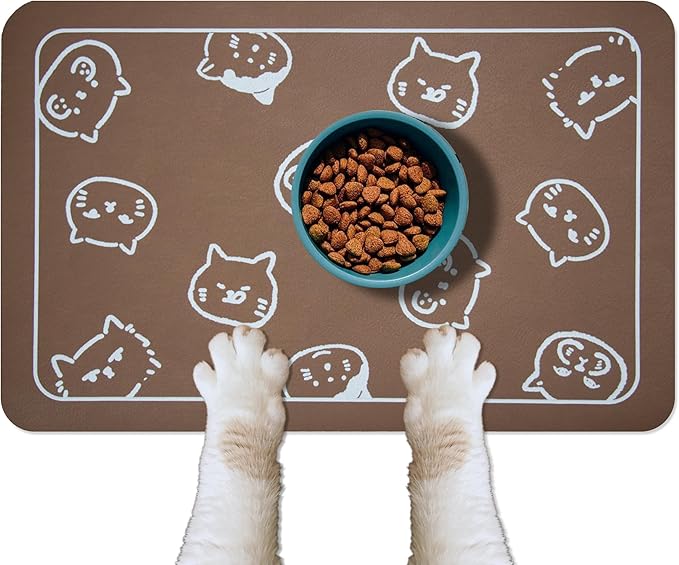 YCT Cat Food and Water Mat for Pets - Non Slip Super Absorbent Dog Bowl Mat, with Multiple Cat Heads Logo - 24 x 16.9 Inches, Brown