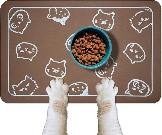 YCT Cat Food and Water Mat for Pets - Non Slip Super Absorbent Dog Bowl Mat, with Multiple Cat Heads Logo - 24 x 16.9 Inches, Brown