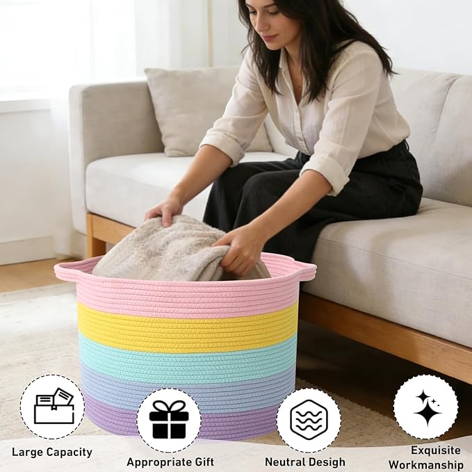 65L Extra Large Woven Cotton Rope Blanket Basket with Handles, Laundry Hamper Storage Bin for Pillows, Comforters,Clothes, Toys, Nursery, Bedroom and Living Room Organization,Colorful