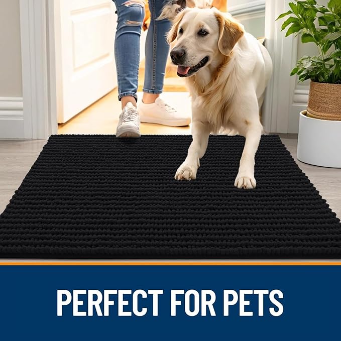 OLANLY Dog Door Mat for Muddy Paws 59x24, Ultra Absorbent Chenille Mud Doormat, Non-Slip Washable and Dirt Trapping Doormat for Indoor Entryway, Quick-Dry Indoor Pet Bed Mats for Dogs, Black
