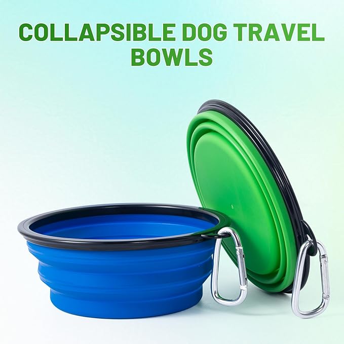 Dog Bowl Pet Collapsible Bowls, 2 Pack Collapsible Dog Water Bowls for Cats Dogs, Portable Pet Feeding Watering Dish for Walking Parking Traveling with 2 Carabiners (Blue+Green, Medium)