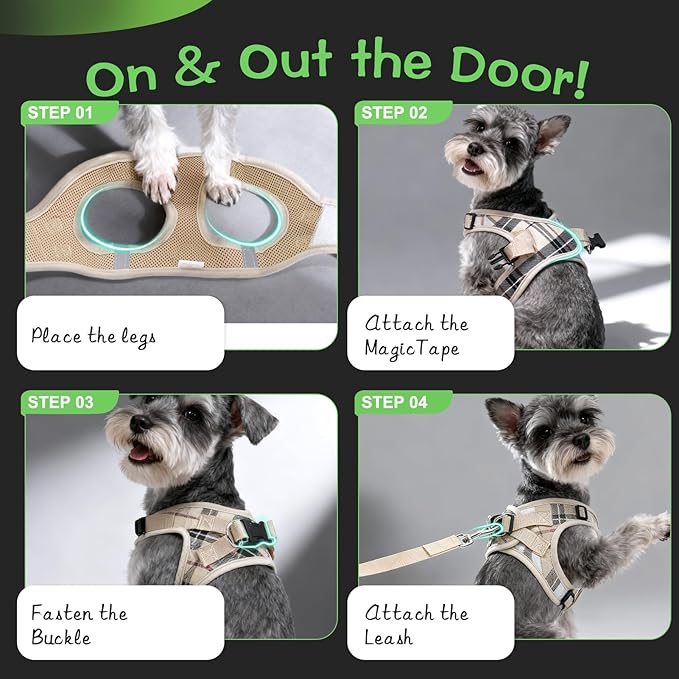 EXPAWLORER Plaid Small Dog Harness and Leash Set with AirTag Holder - Soft Padded Step in Dog Vest Harness Medium Sized Dog, No Pull Reflective Puppy Harness, Collar and Leash for Walking, Khaki M