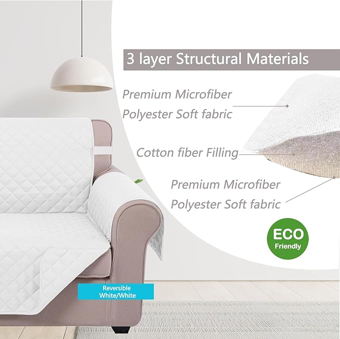 U-NICE HOME Reversible Sofa Cover Couch Cover for Dogs with Elastic Straps Water Resistant Furniture Protector for Pets Couch Cover for 3 Cushion Couch (Sofa, White/White)