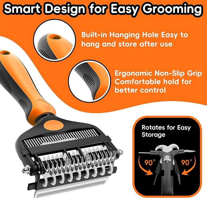 3-in-1 Professional Pet Grooming Brush for Dogs & Cats – Dematting Comb, Undercoat Rake & Deshedding Tool for Long & Short Hair, Heavy Shedding & Matted Fur (Organge)