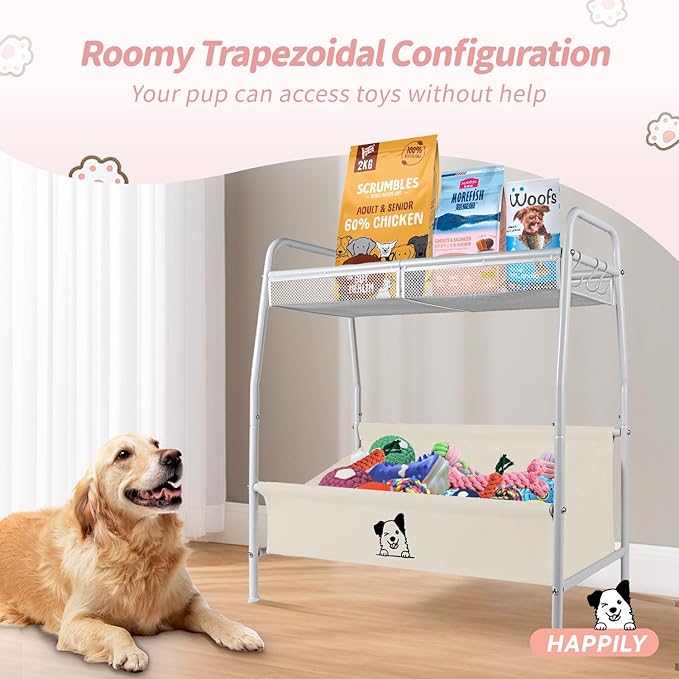 Large Dog Basket, Metal Oxford Puppy Bin with Storage Organizer, Trapezoid Doggy Bin for Living Room for Dog Lovers, White