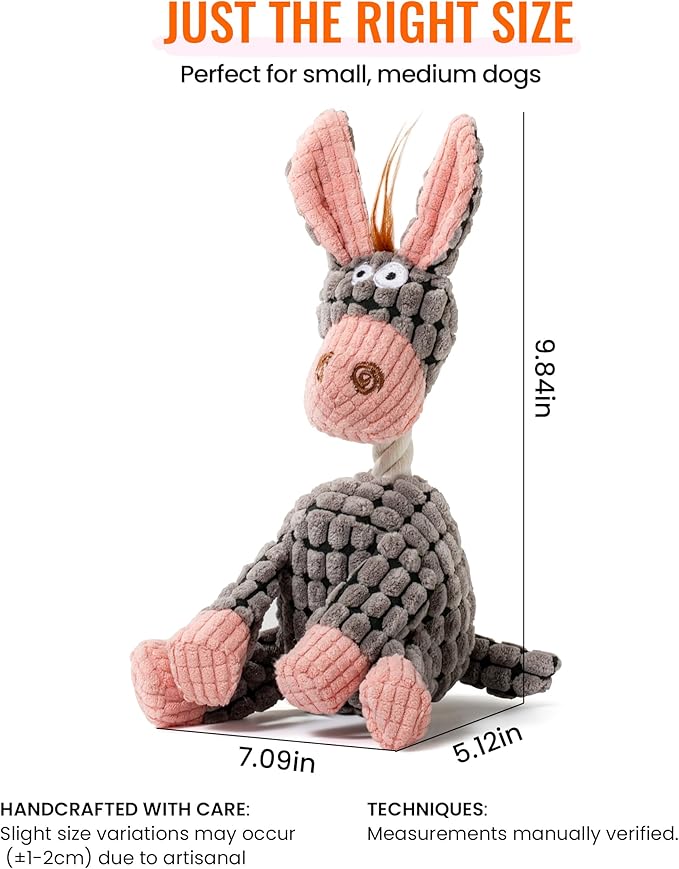 Squeaky Plush Dog Toys - Adorable Animal Designs with Soft Cotton Filling, Cute Stuffed Dog Chew Toys for Small, Medium Non-Aggressive Chewing Dogs Chewer (Grey - Donkey)