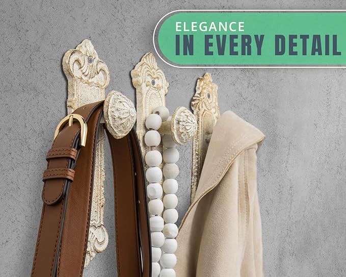 Comfify Shabby Chic Cast Iron Decorative Wall Mounted Hooks - Rustic White - Door Knob Coat Hooks - Set of 3 - Screws and Anchors Included - Antique Wall Hooks for Hanging Clothes